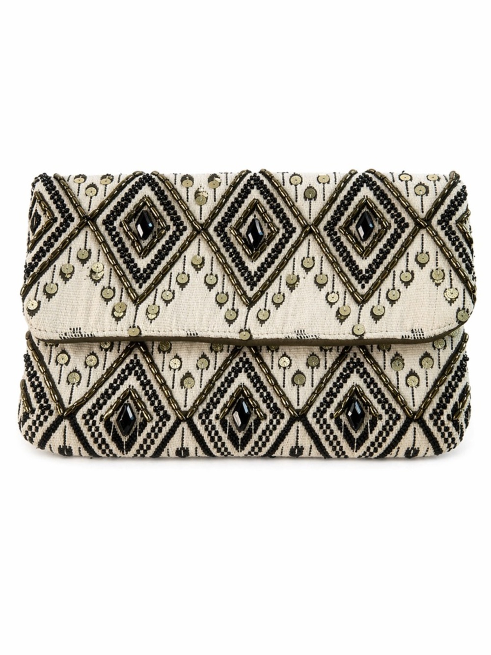 Francesca’s Beaded Boho Clutch Crossbody Bag NWT Beige Black Gold